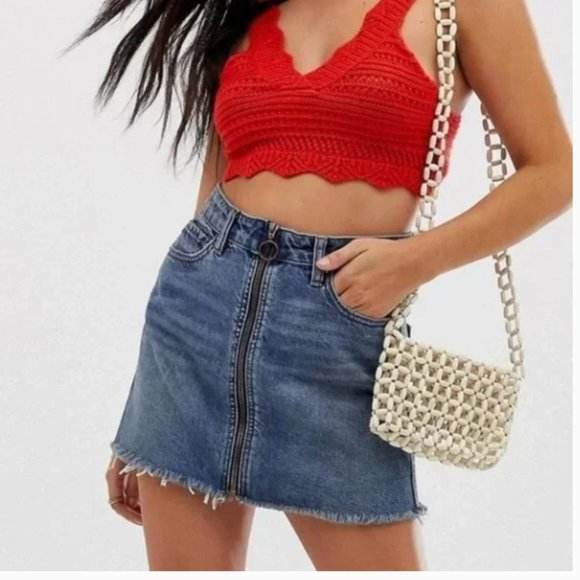 Free People We The Free Zip It Up Denim Jean Mini Skirt Raw Hem Festival Size 24 - Picture 1 of 14